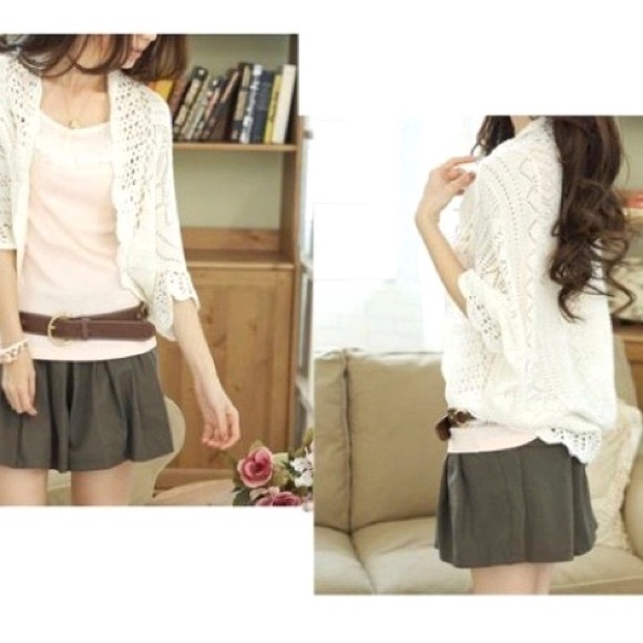 Short-Sleeve Knit Cardigan (White) - Picture 2 of 5